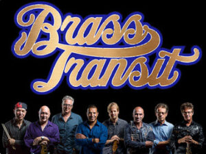 Band "Brass Transit" members posing with logo.