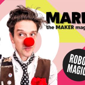 mario magic Magician with red nose promoting Mario's Robot Magic show.